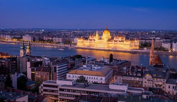 The Budapest skyline with the Hungarian Parliament along the Danube