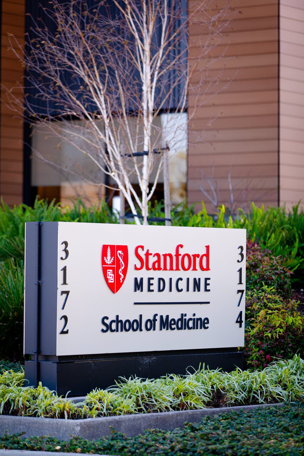 The Stanford Medicine School of Medicine sign on the Stanford campus