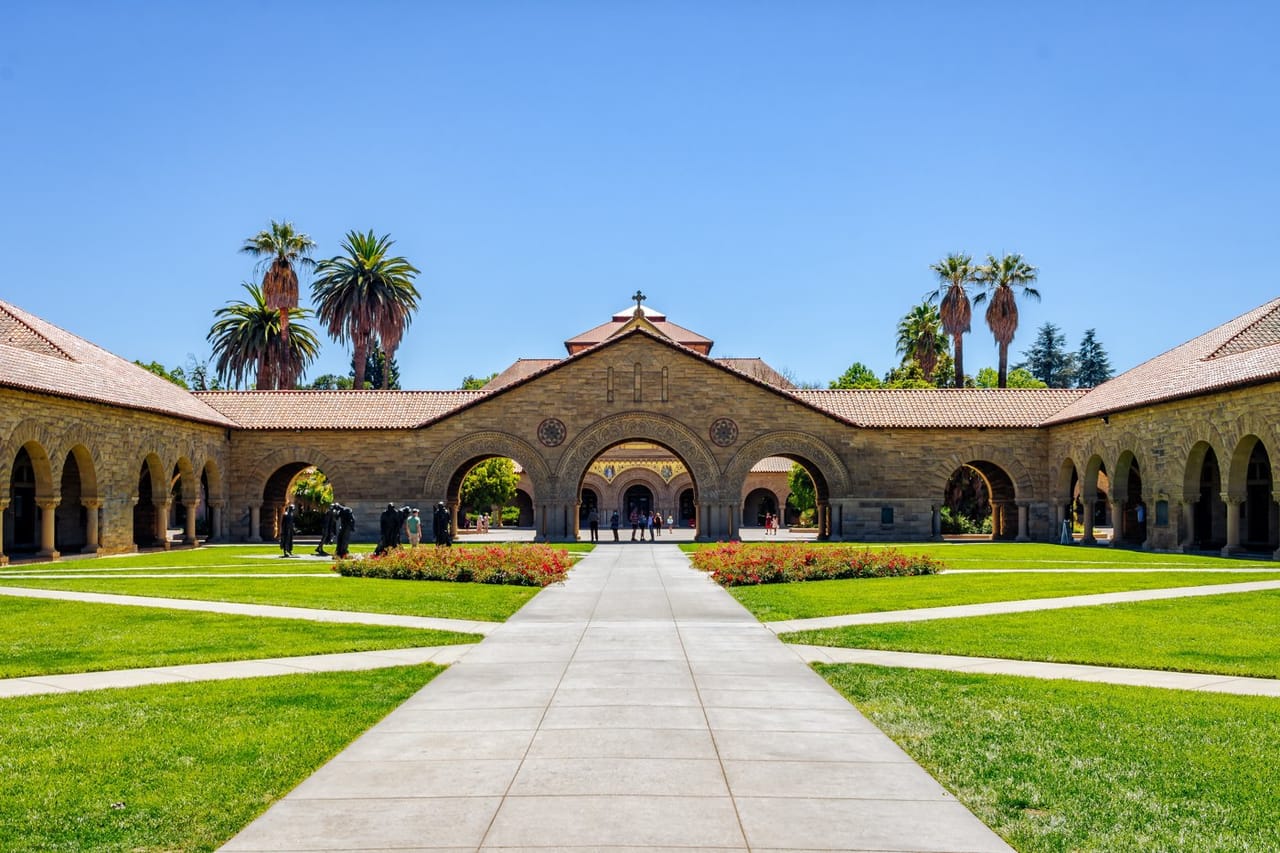 The Main Quad and Memorial Church walkway at Stanford University