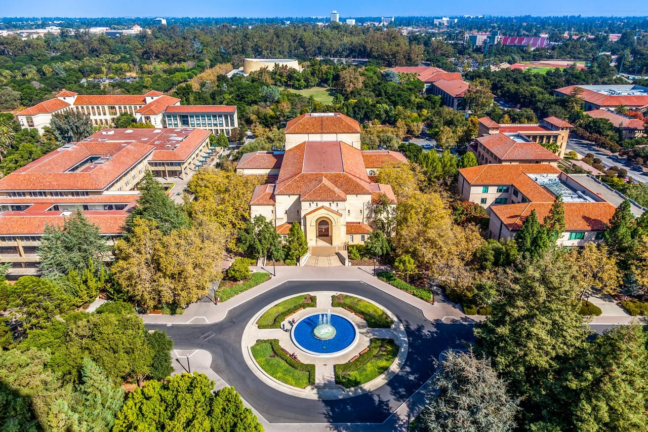Aerial view of the Stanford University campus and Main Quad