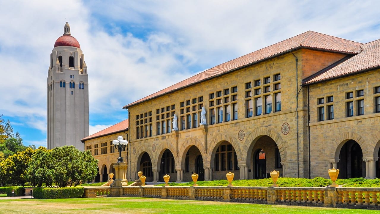 Hoover Tower rising above the Stanford Main Quad buildings
