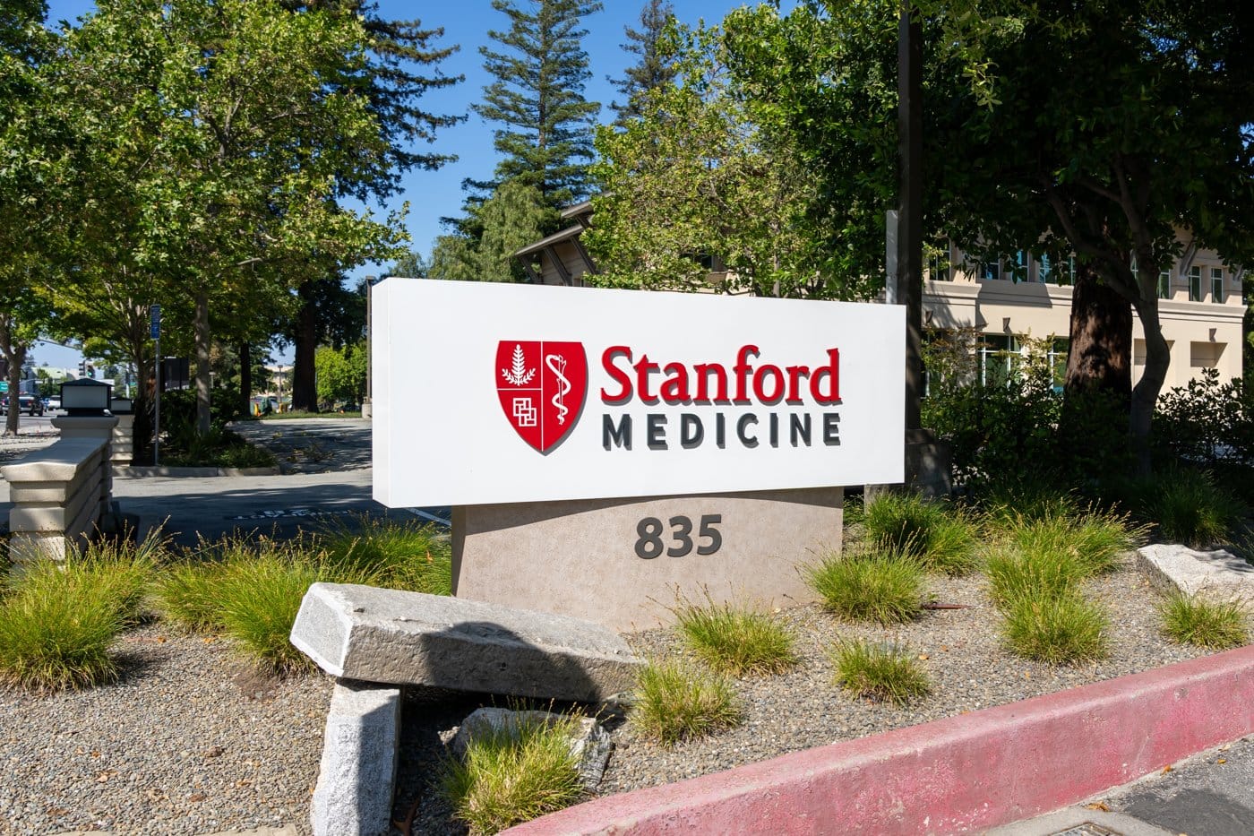 The Stanford Medicine sign at the entrance to the Stanford School of Medicine campus in California