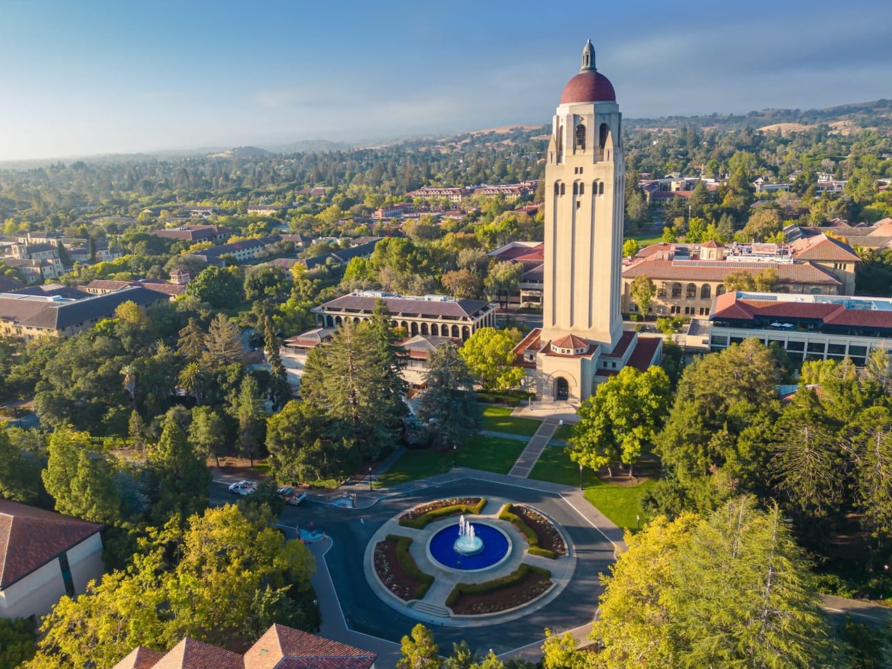 Aerial view of Stanford University with Hoover Tower