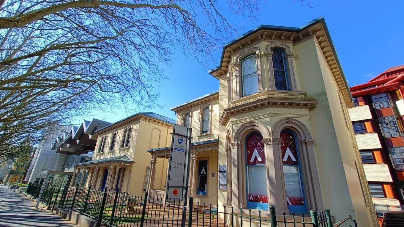 Heritage villas at the University of Auckland City campus with a 'Faculty of Arts' sign, Auckland, New Zealand (City campus, not the Grafton medical campus)