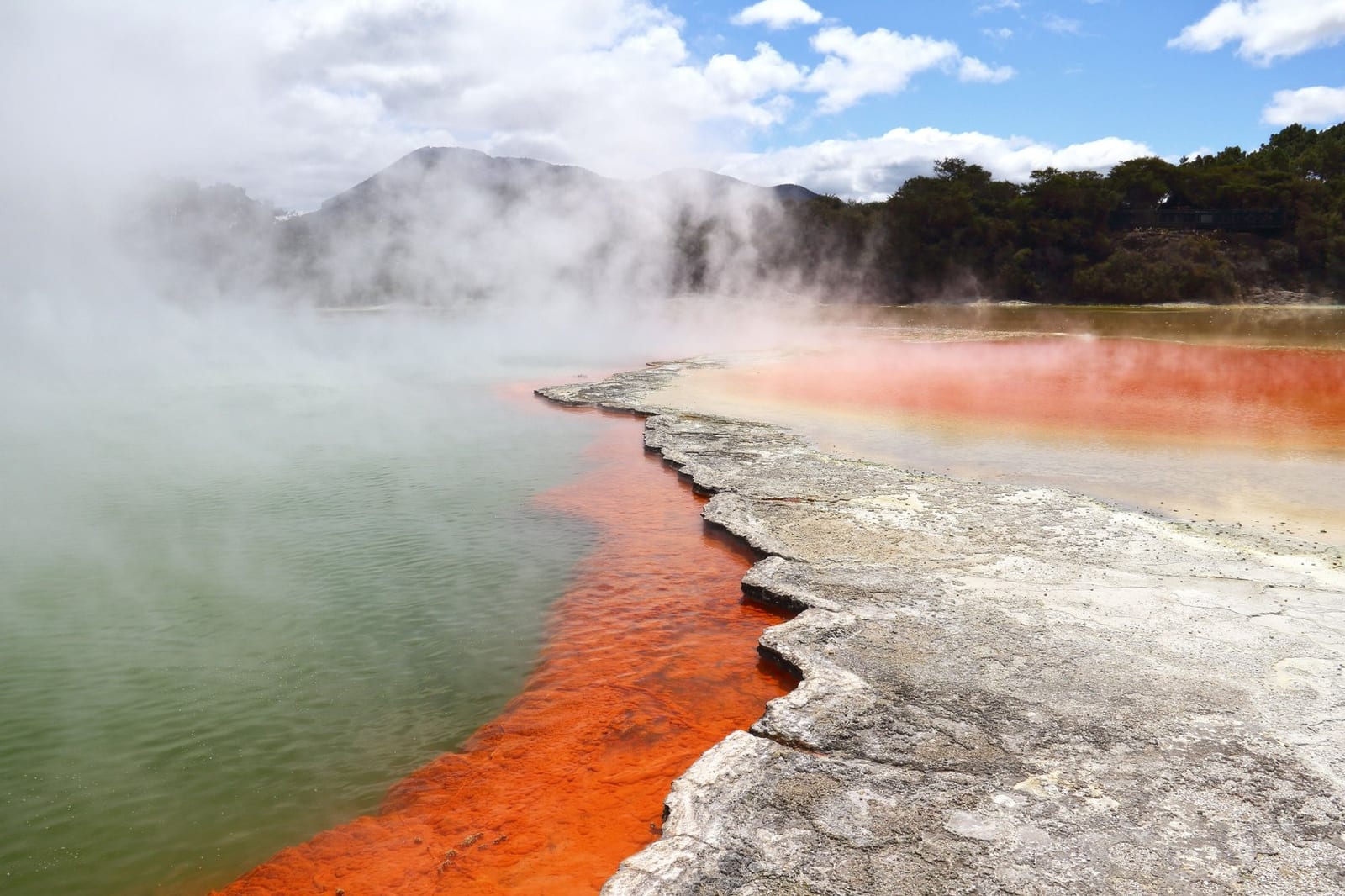 The Champagne Pool at the Wai-O-Tapu geothermal area near Rotorua in the North Island, New Zealand (about three hours from Auckland, shown for travel context)