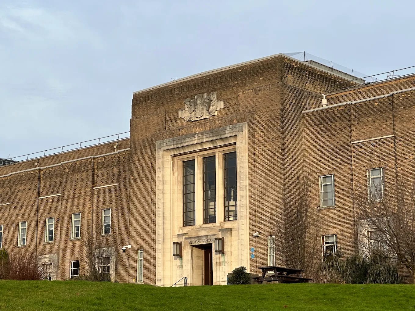 The art-deco entrance of the University of Birmingham Medical School building