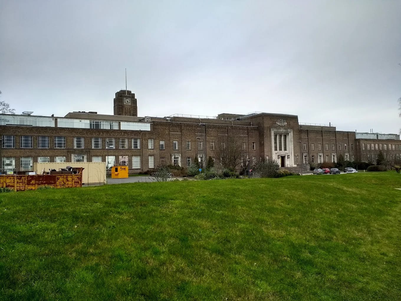 The long facade of the University of Birmingham Medical School with the Chamberlain clock tower