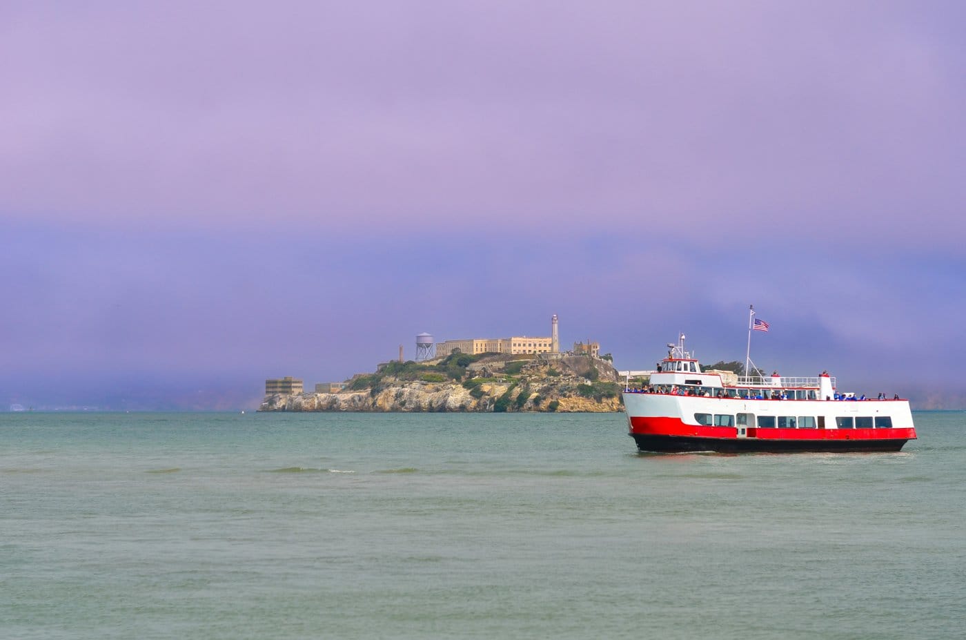 Alcatraz Island with a tour boat in San Francisco Bay