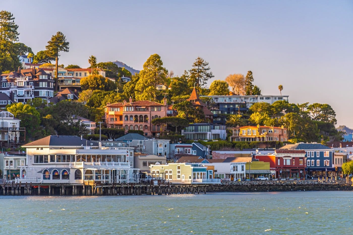 The colourful waterfront houses of Sausalito across San Francisco Bay