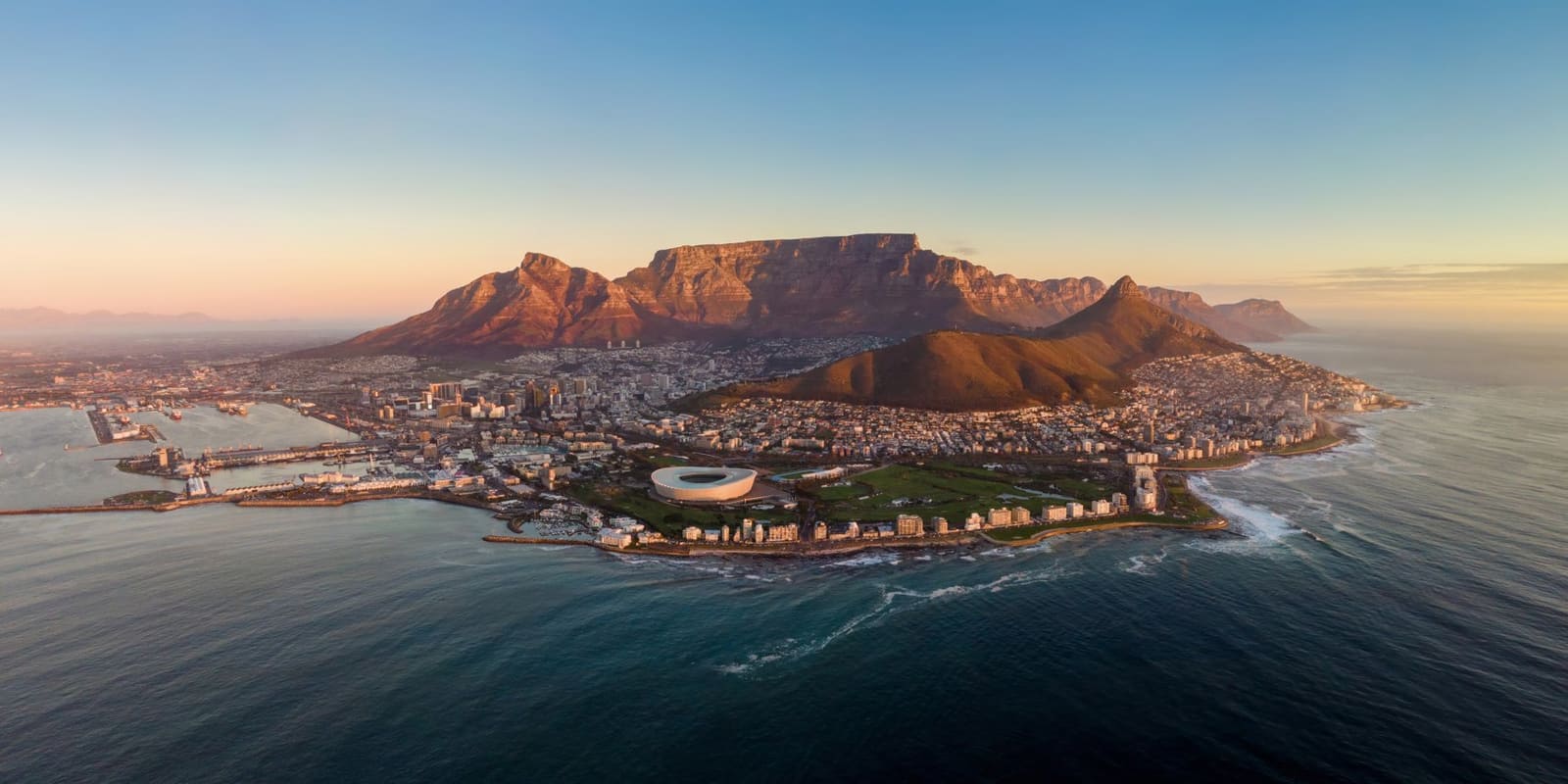 Aerial view of Cape Town with Table Mountain, the city centre, the stadium and the harbour