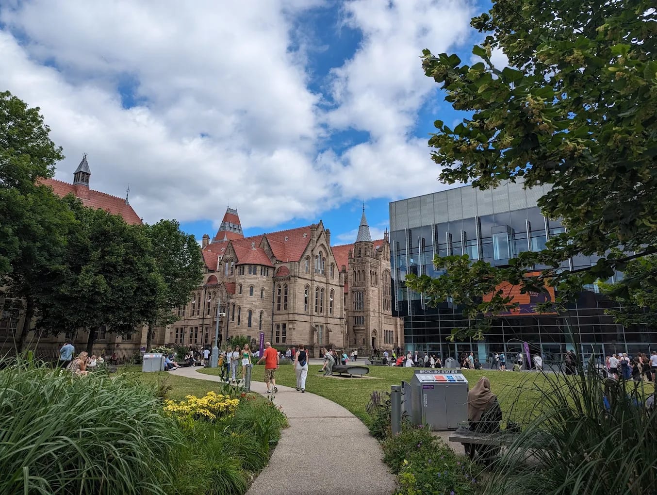 The University of Manchester campus quadrangle with historic and modern buildings