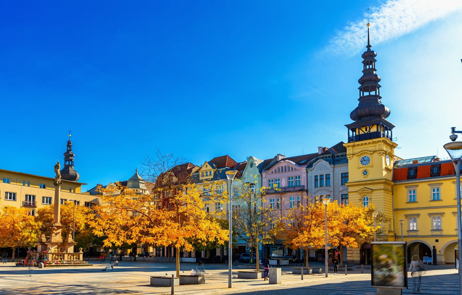 Autumn view of a historic square in Ostrava with the old town hall
