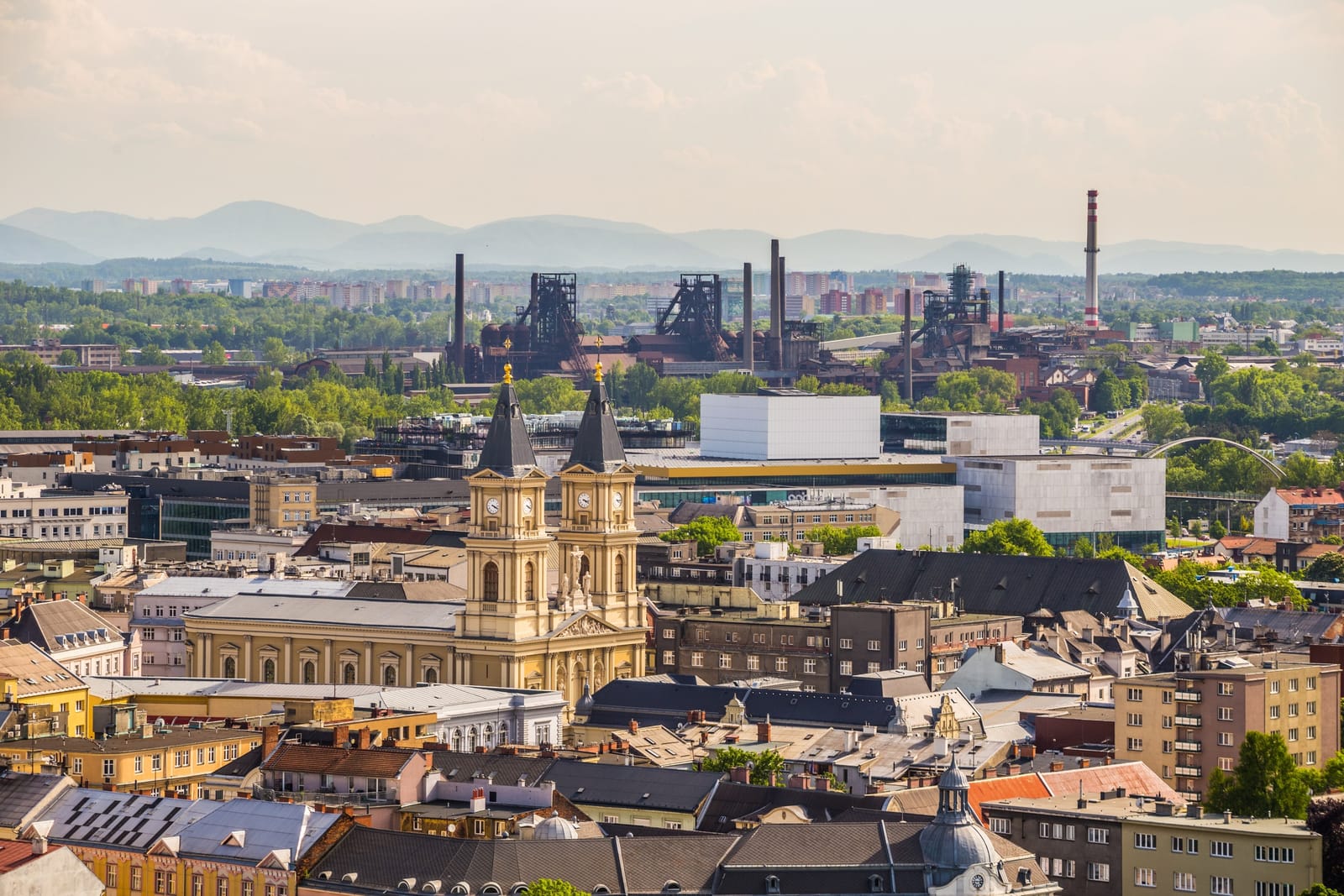 Aerial view of Ostrava's old town and its industrial skyline