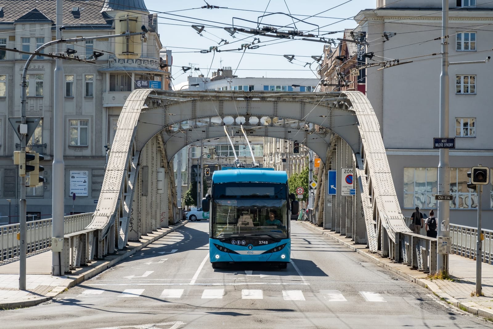 A tram crossing a bridge in central Ostrava