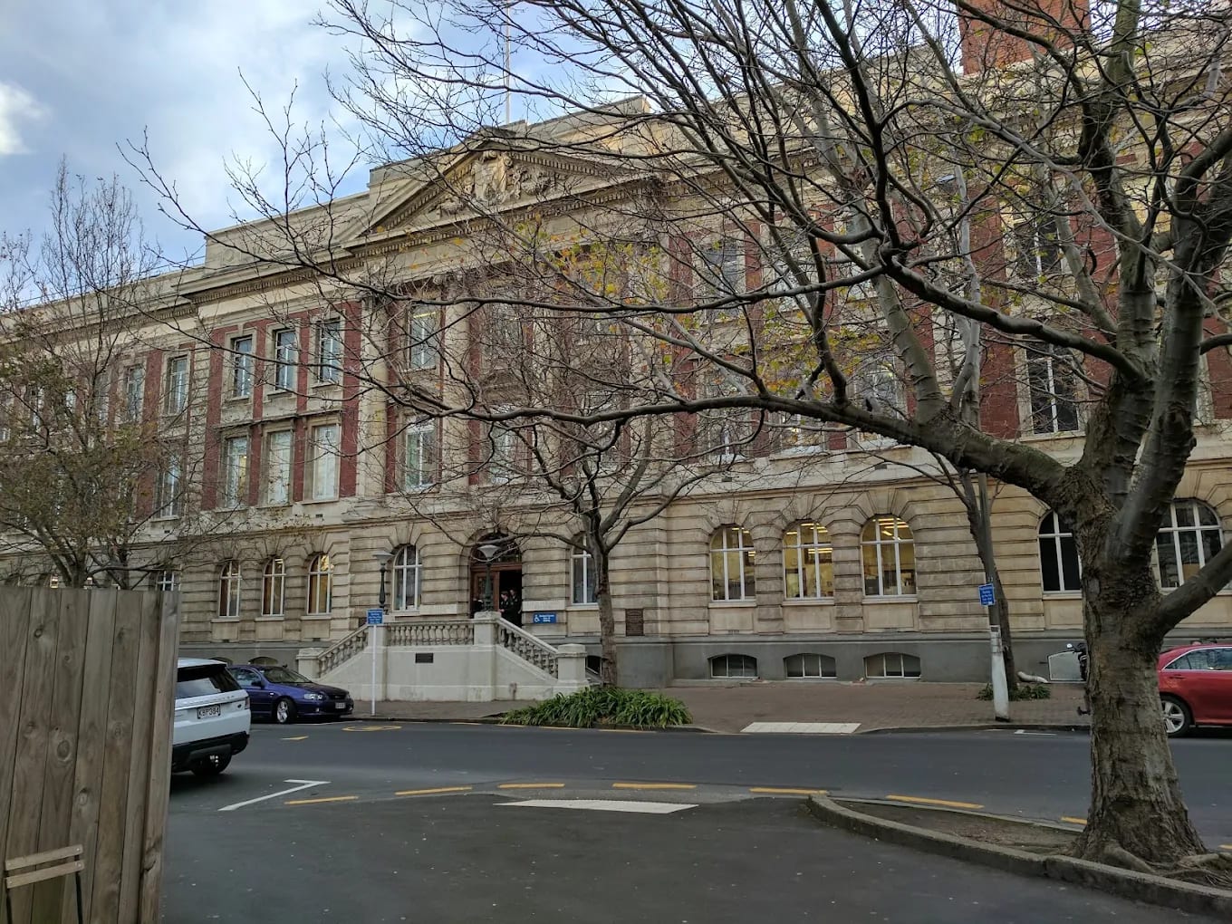 A historic sandstone University of Otago medical and campus building in Dunedin, New Zealand, in winter