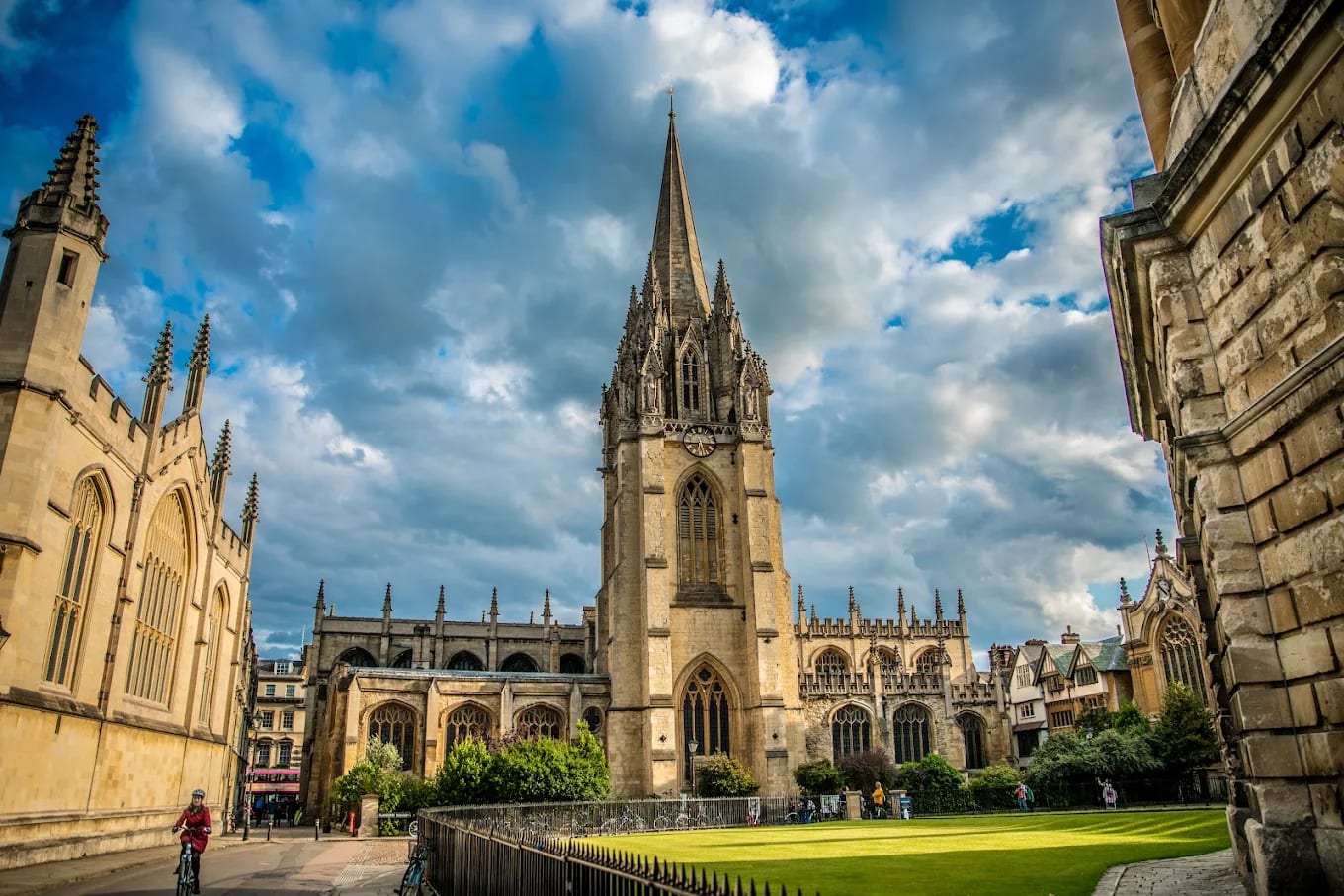 The spire of the University Church of St Mary the Virgin rising over central Oxford