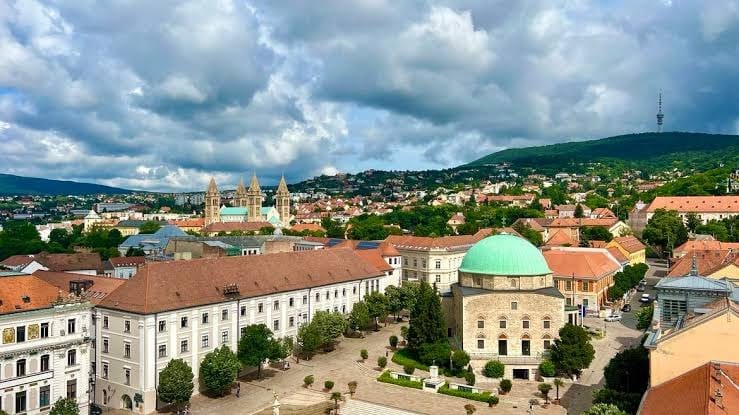 An aerial view of the historic city of Pécs, Hungary
