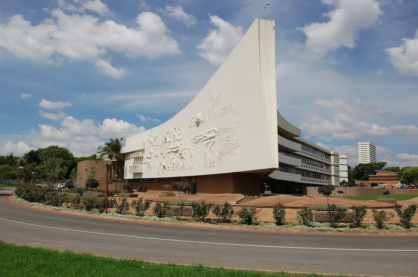 The sail-shaped Aula building with its sculpted frieze at the University of Pretoria's Hatfield main campus, Pretoria