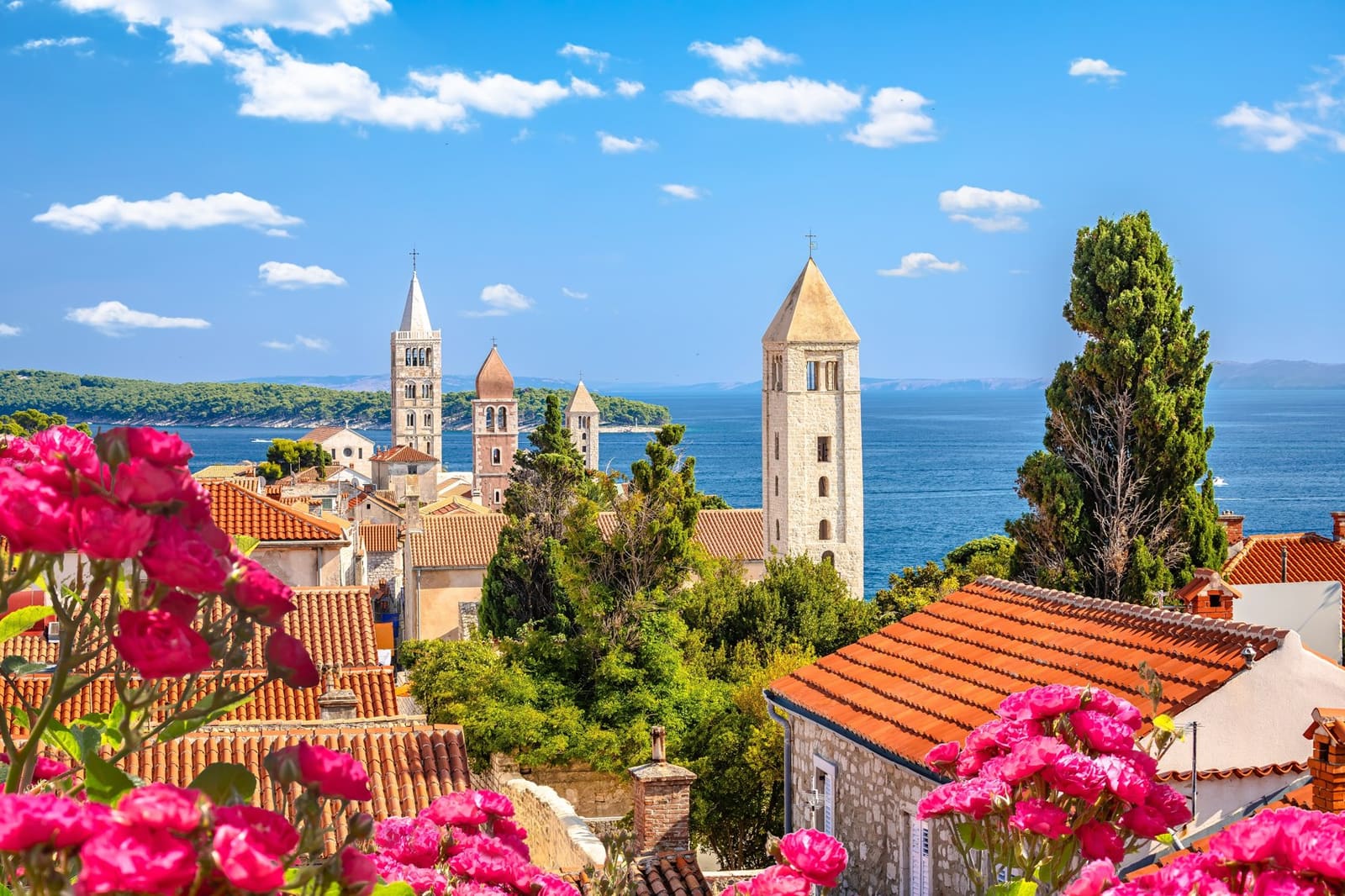 The historic bell towers of the town of Rab in the Kvarner archipelago, about 60 km from Rijeka, Croatia