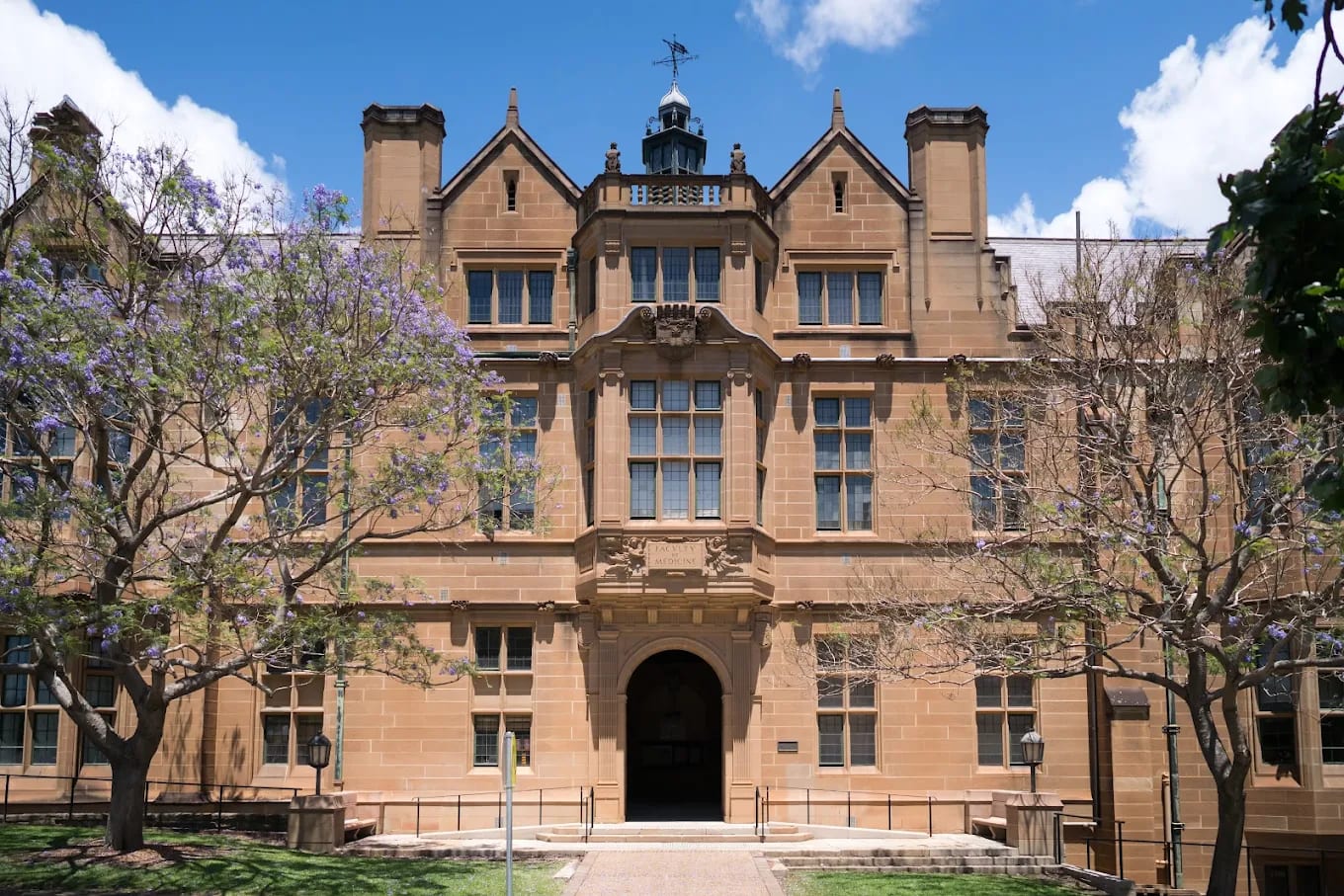 The historic sandstone Faculty of Medicine building (the Anderson Stuart Building) at the University of Sydney, with jacaranda trees in bloom, Camperdown campus