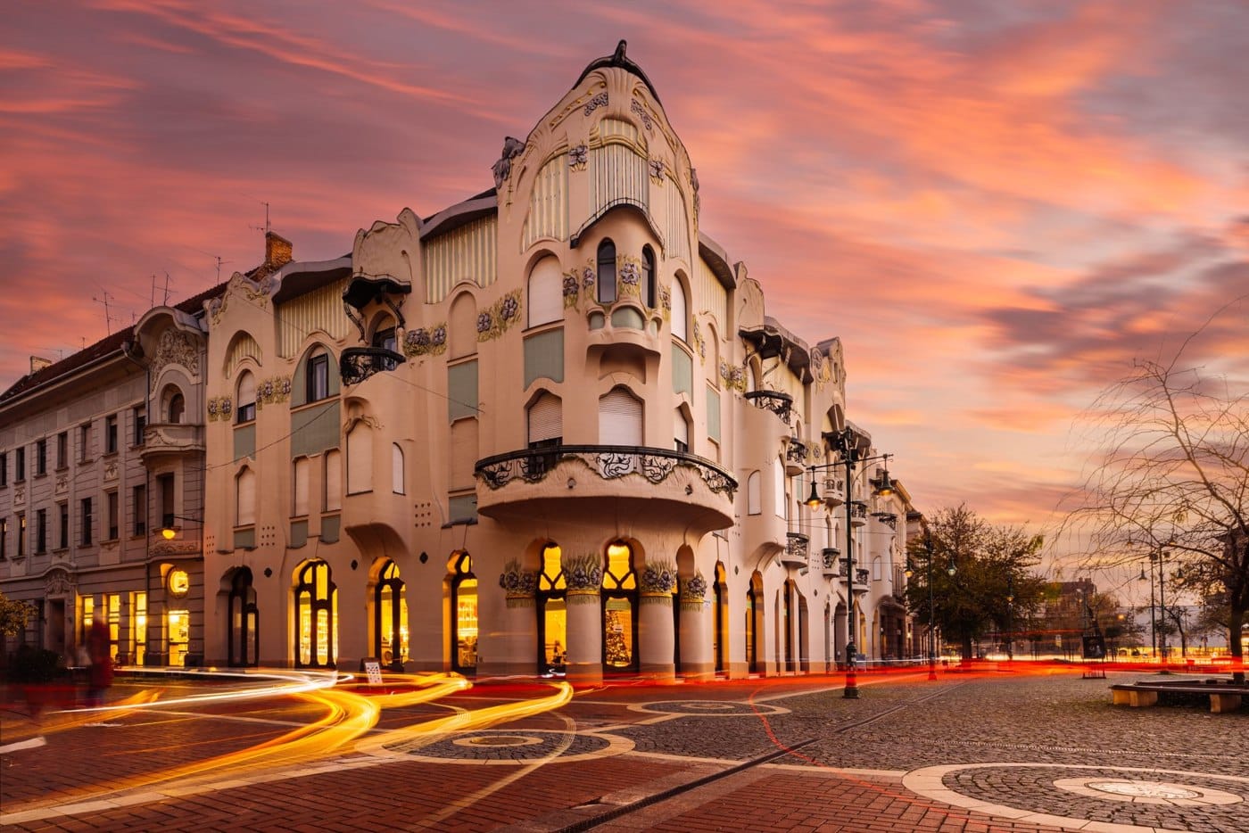 The Art Nouveau Reök Palace in Szeged at sunset