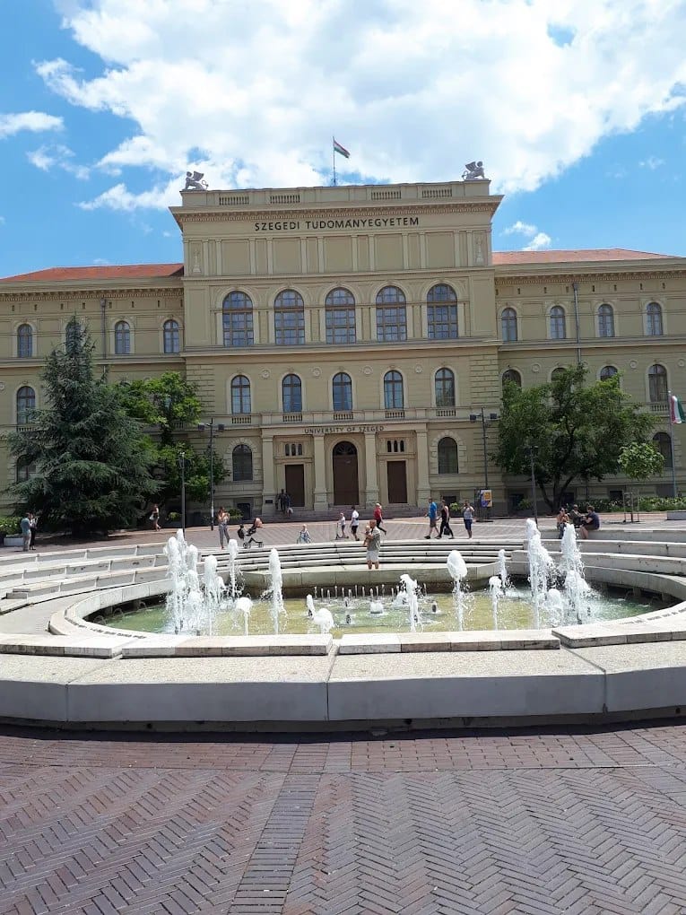 The University of Szeged Main Building and fountain on Dugonics Square