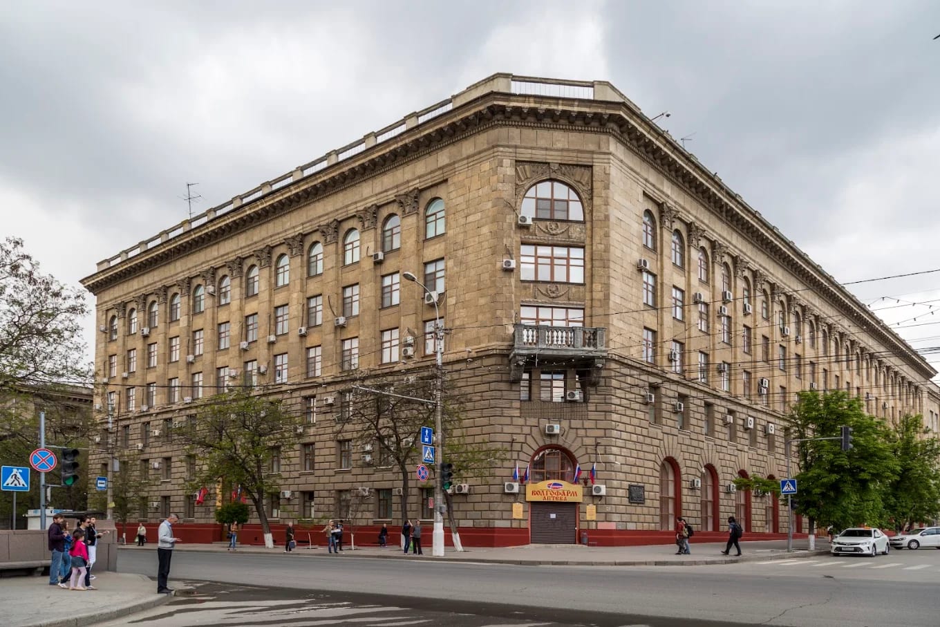 The historic stone corner main building of Volgograd State Medical University on a Volgograd street