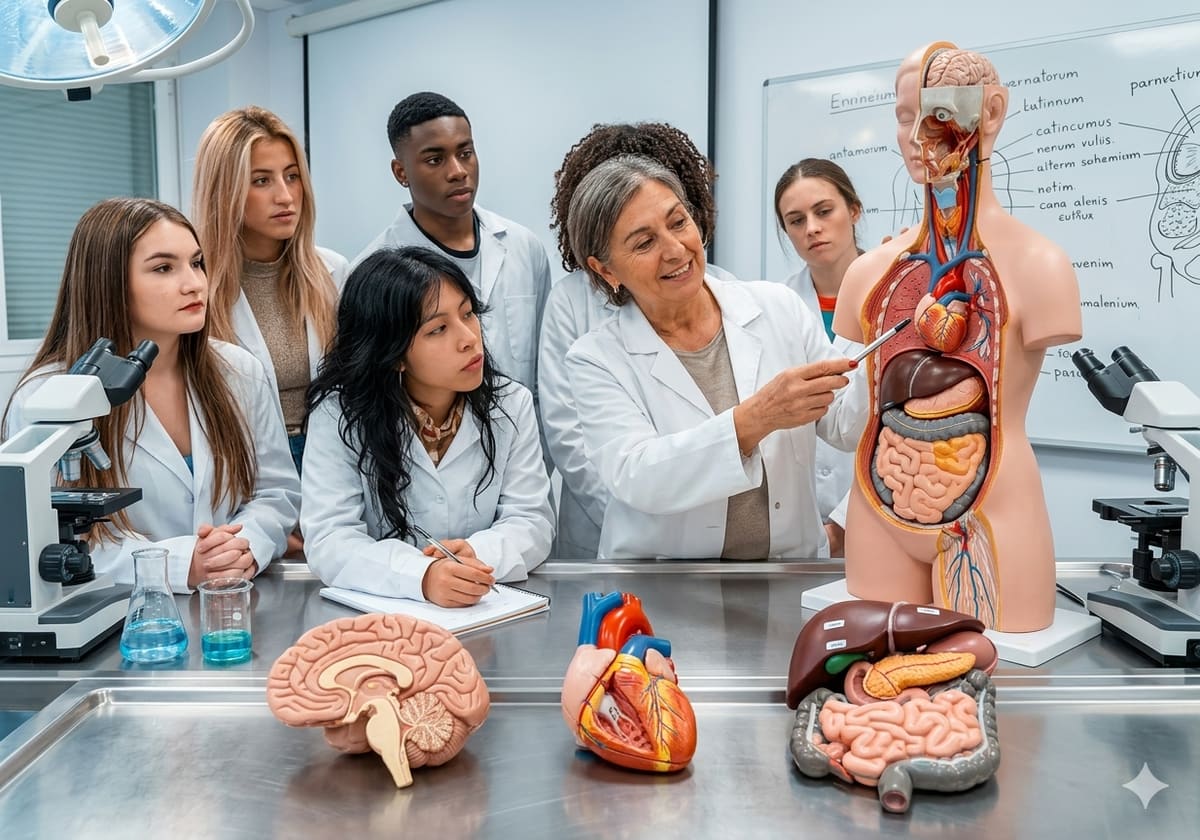 Medical students walking through a university campus