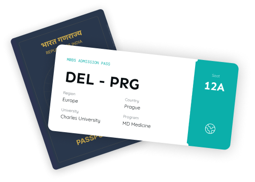 Indian passport with an MBBS admission pass from Delhi to Prague