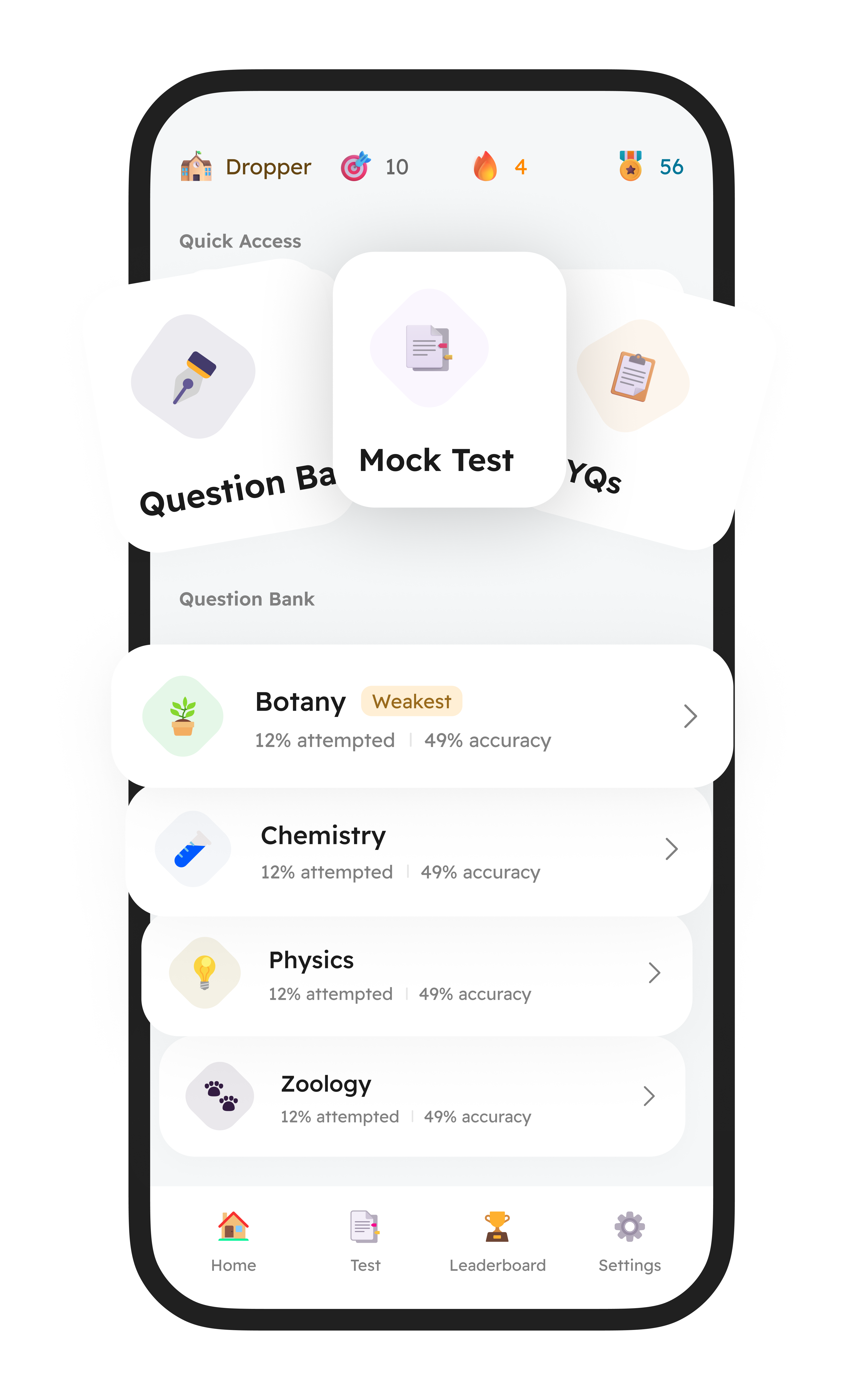 futureMBBS app subject list showing Botany, Chemistry, Physics and Zoology chapter counts