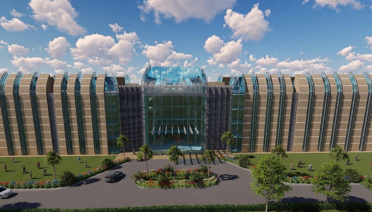An architectural rendering of the AIIMS Deoghar main building