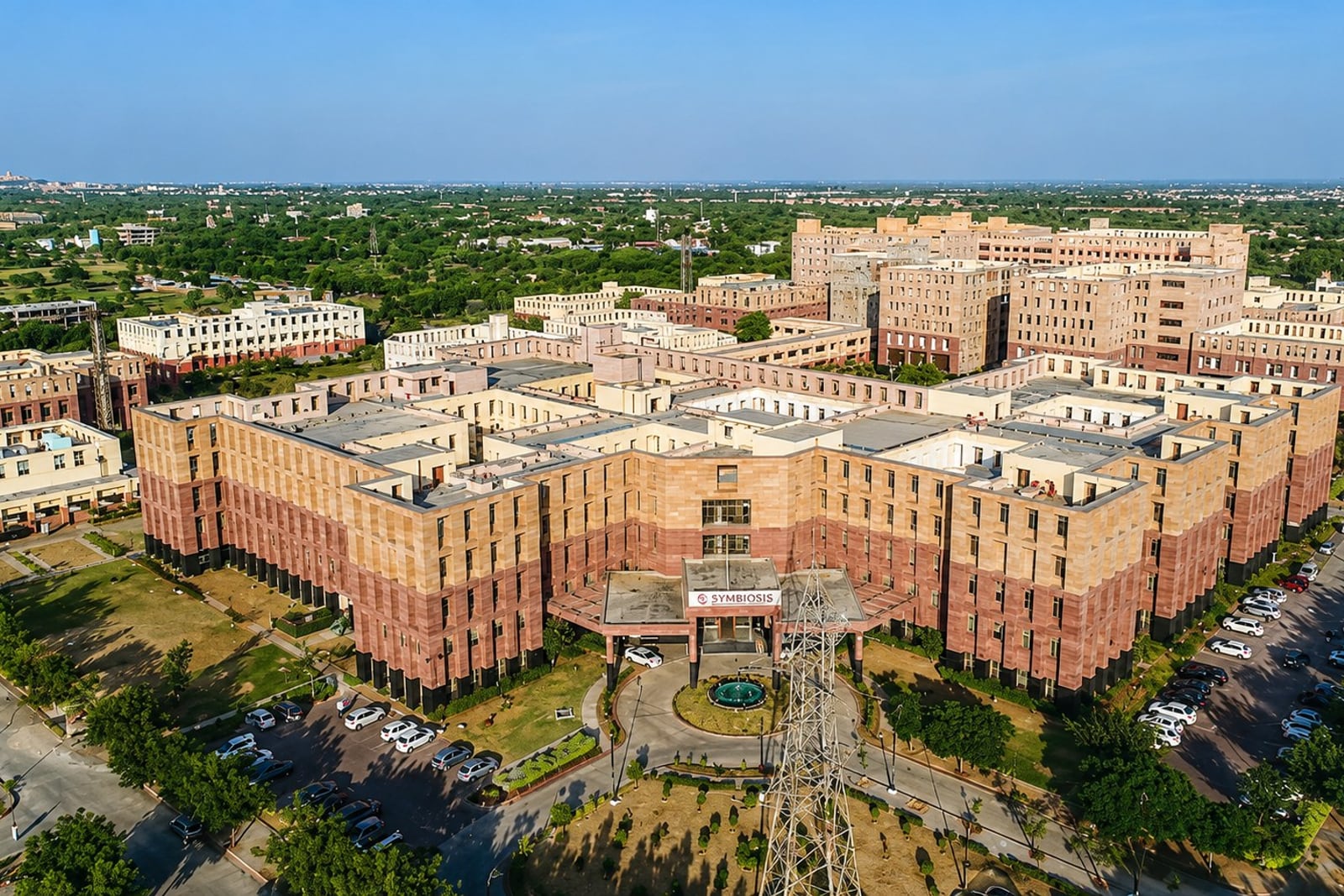 The main academic building of AIIMS Jodhpur with its landscaped garden