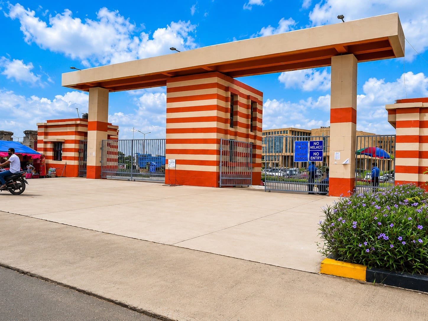 The orange-striped gateway arch at AIIMS Kalyani