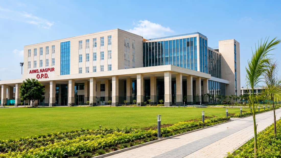 AIIMS Nagpur Outpatient Department (OPD) building surrounded by landscaped lawns