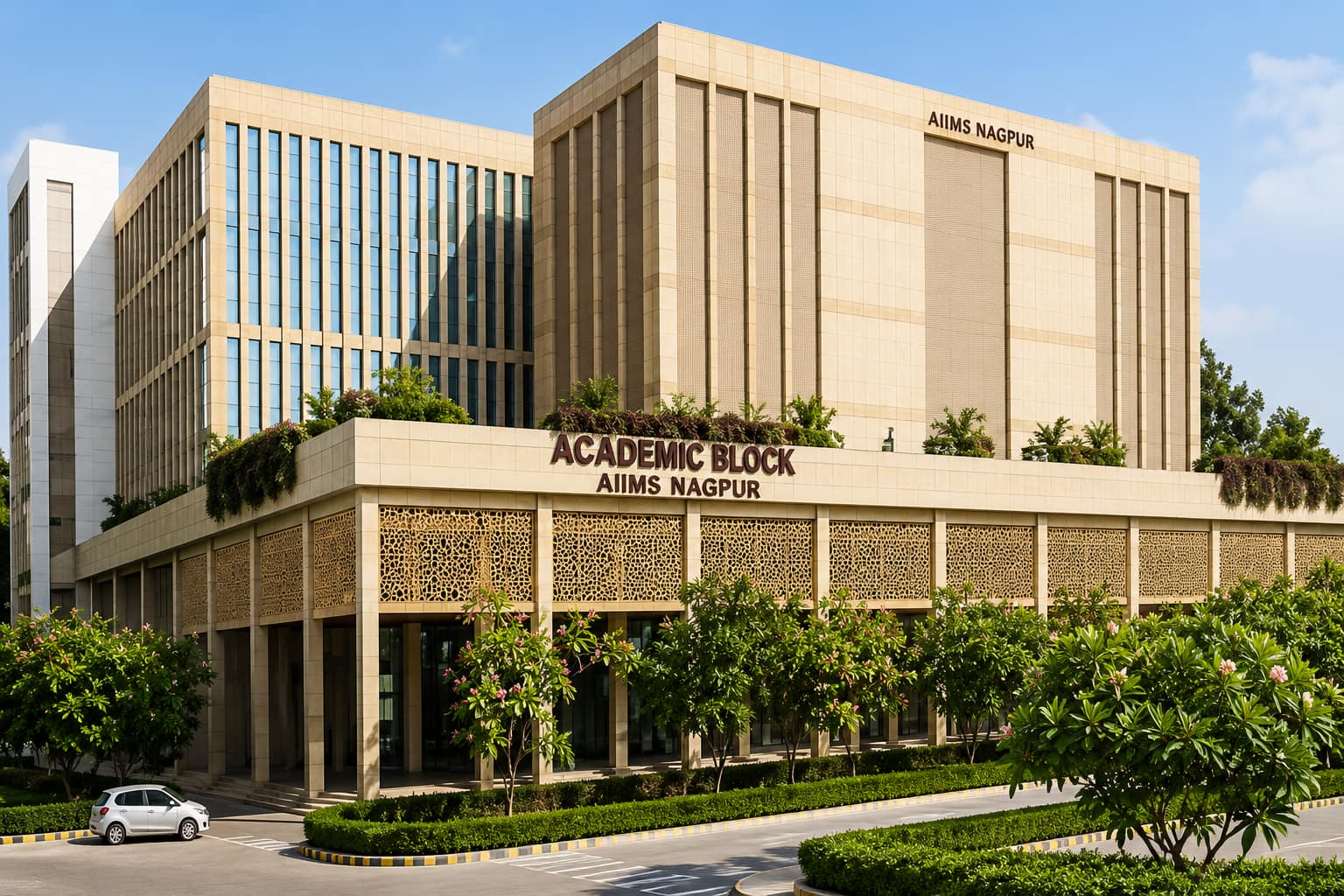 AIIMS Nagpur Academic Block, a modern multi-storey academic facility with contemporary architecture and landscaped surroundings