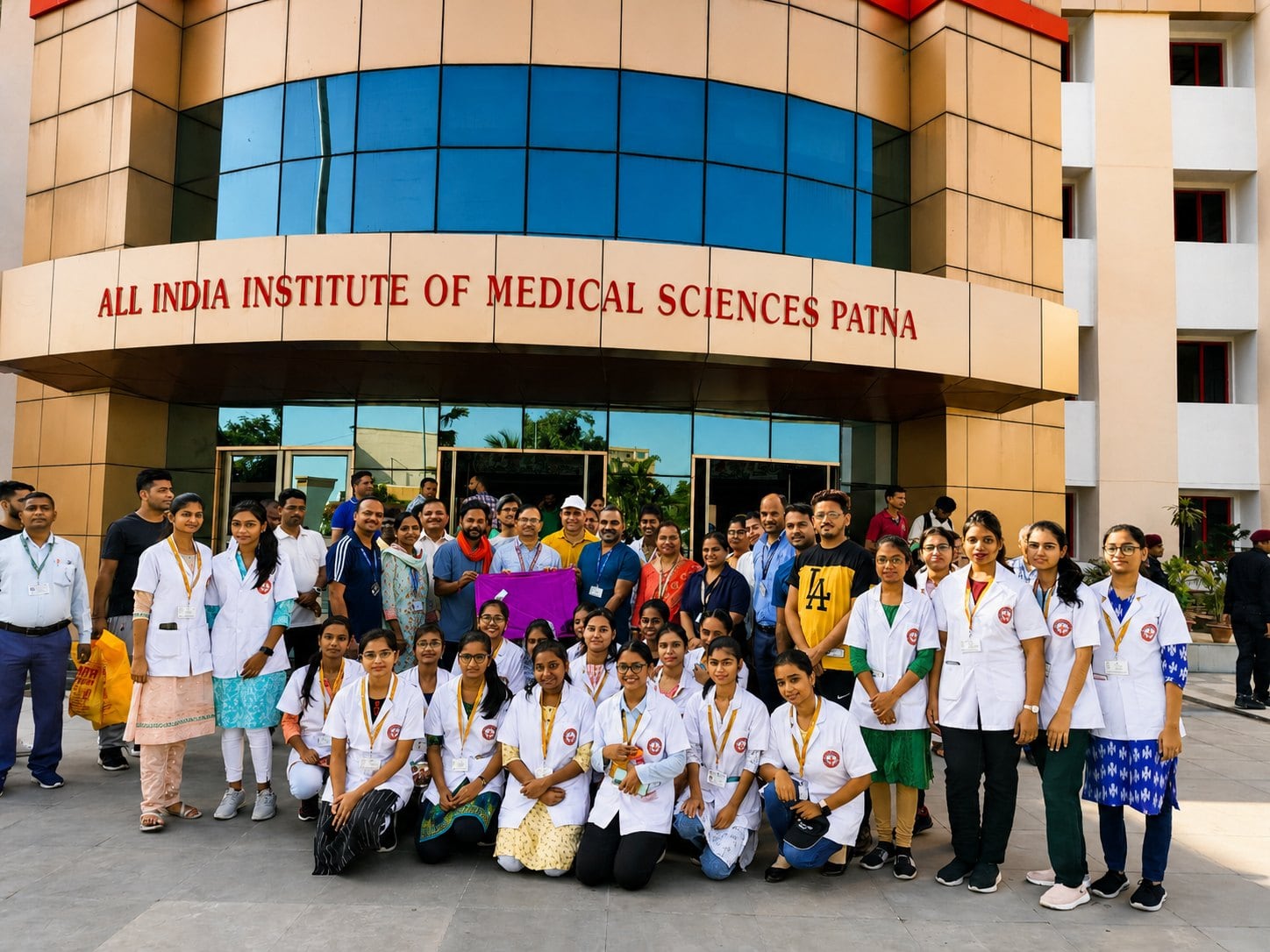 AIIMS Patna students in front of the institute sign