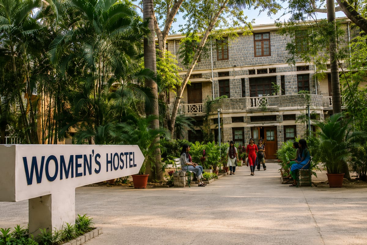 Women’s Hostel building with students on the college campus