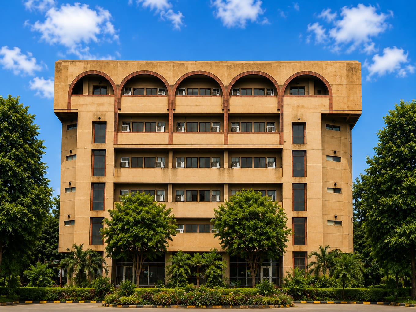 Front facade of the multi-storey Dr. Baba Saheb Ambedkar Medical College building in Rohini, New Delhi, with an arched top floor and trees in front