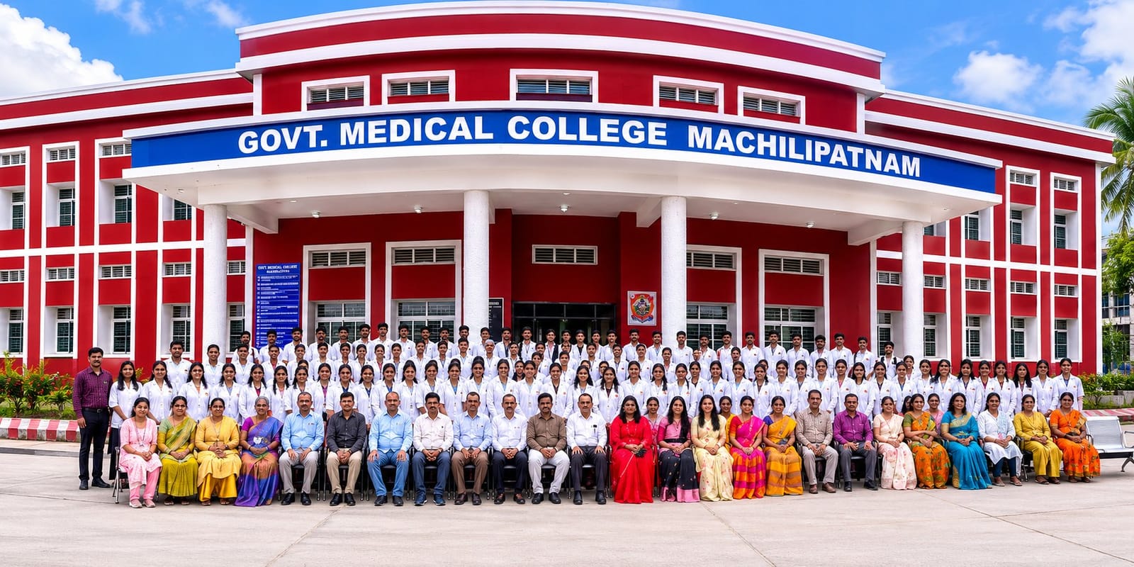 Students and faculty in front of the Government Medical College, Machilipatnam building