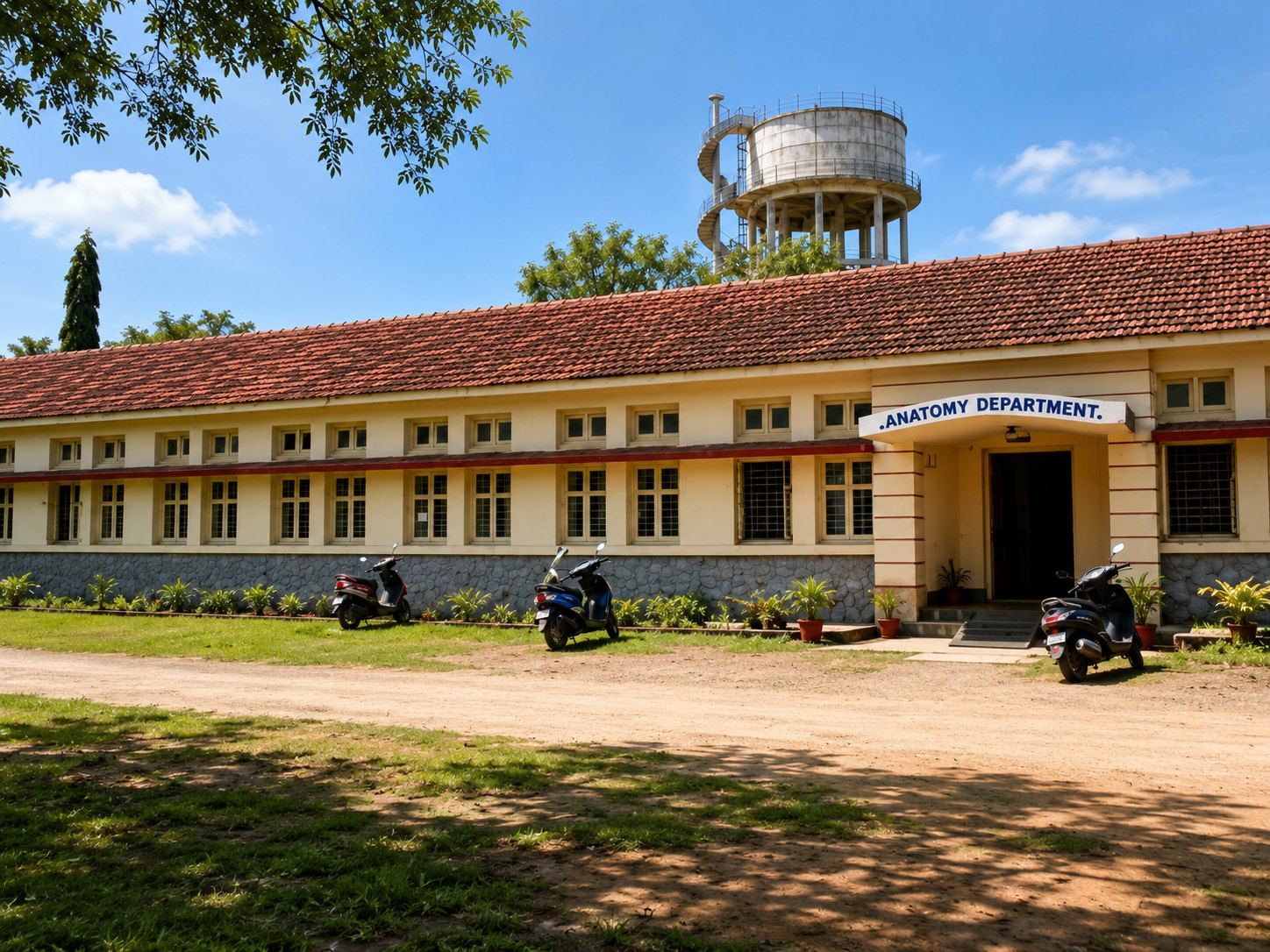 A departmental block at GMC Miraj with the campus water tower