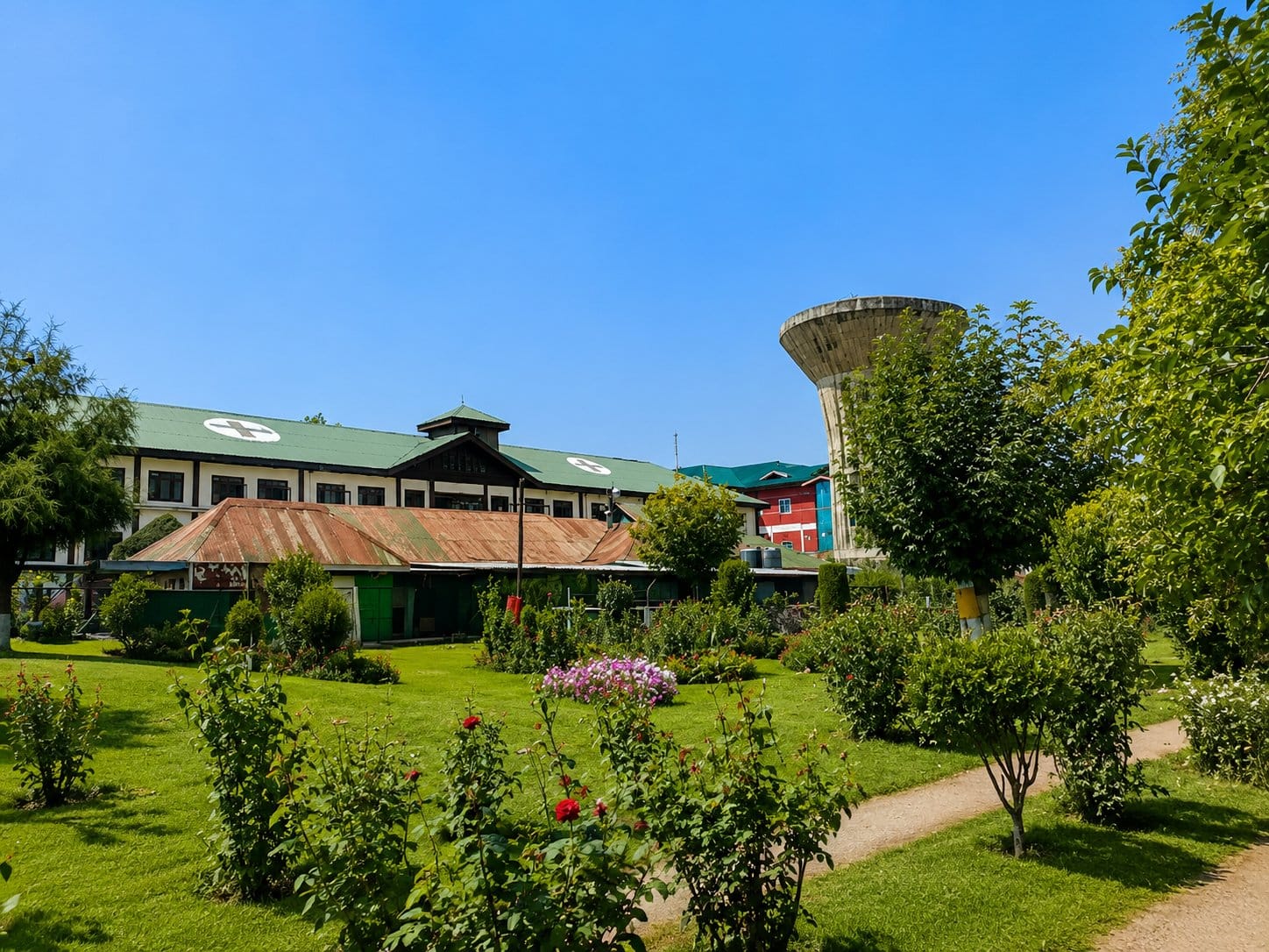 A GMC Srinagar building with the campus garden
