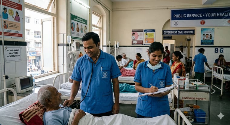 Doctors attending to patients in a government hospital ward