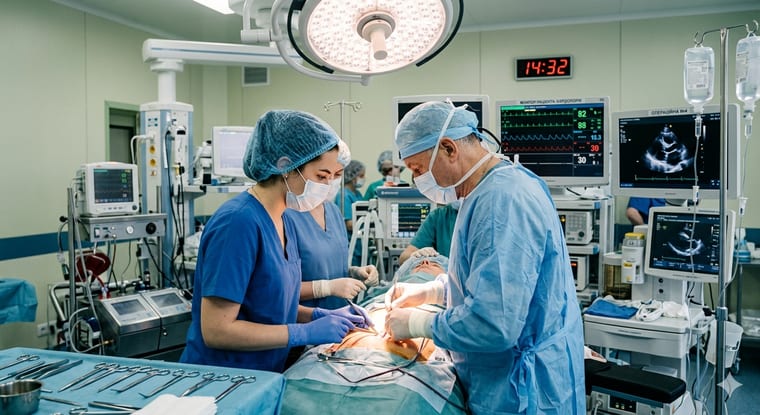 Surgeons performing an operation in a hospital operating theatre