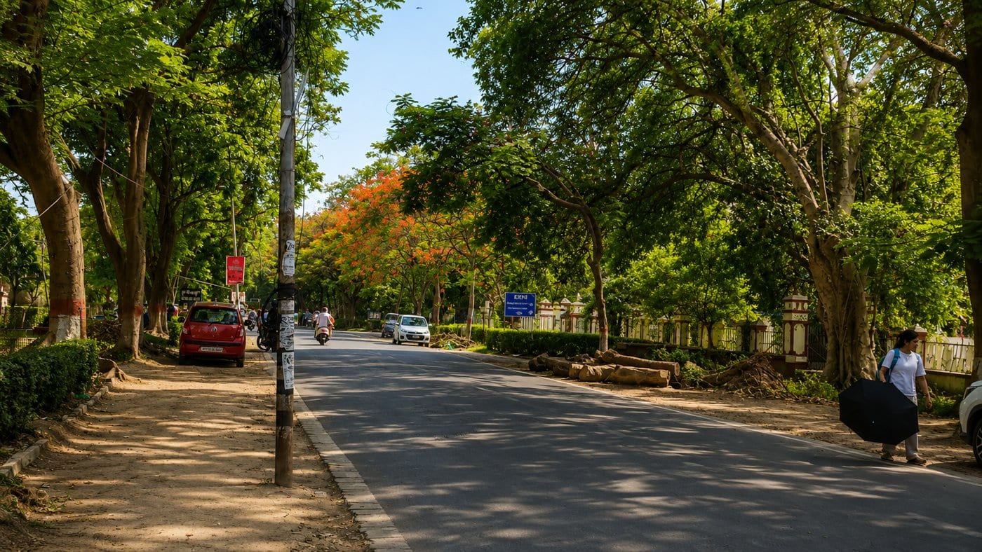 A tree-lined avenue on the BHU campus