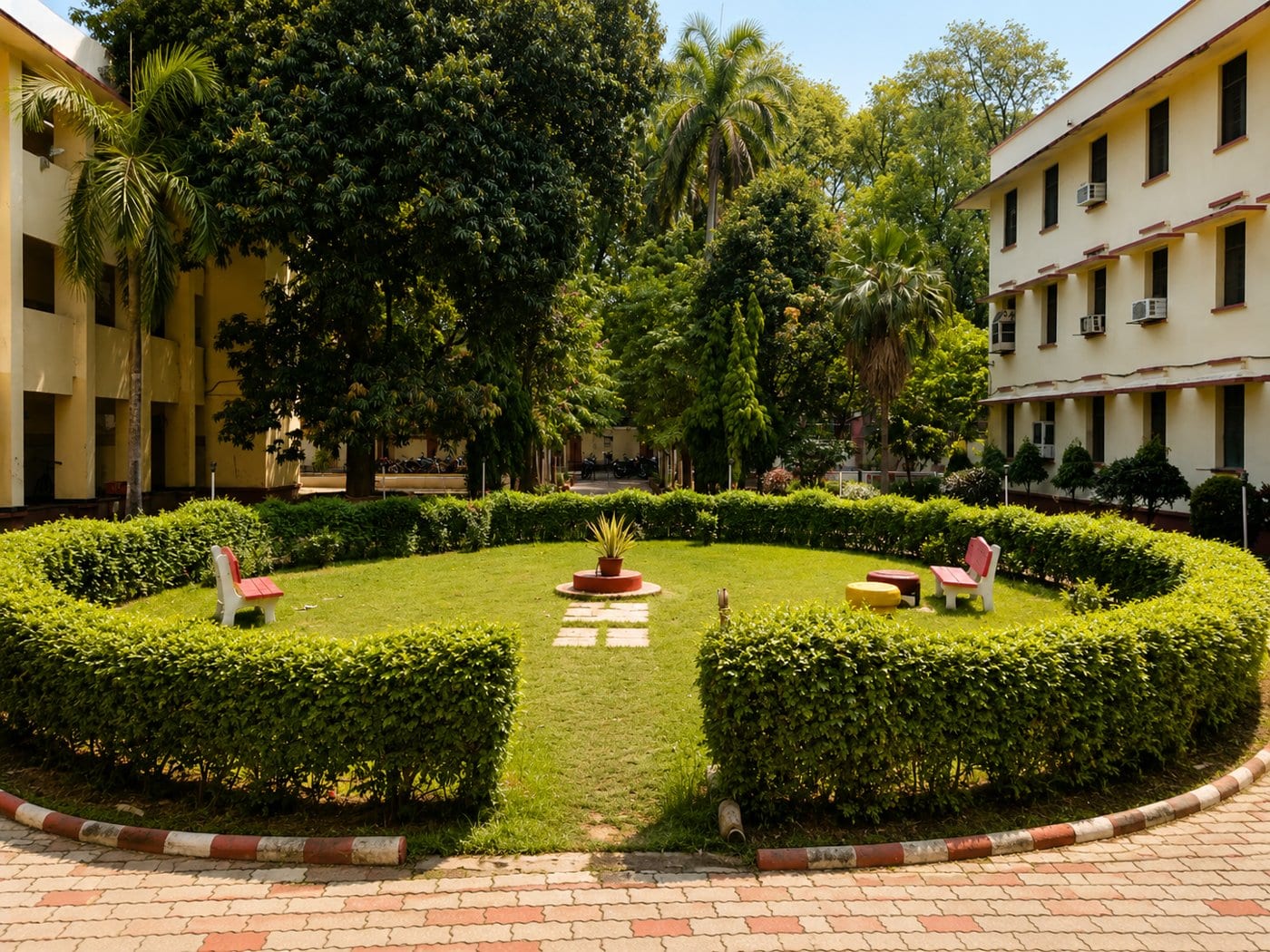 A landscaped courtyard between IMS-BHU blocks