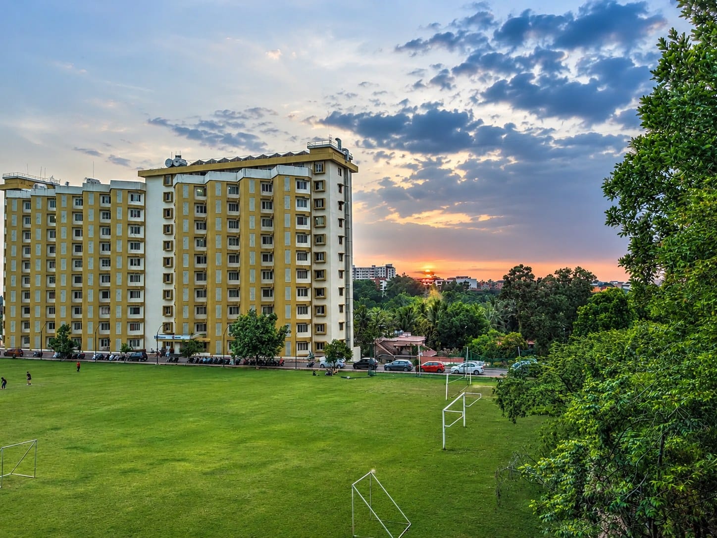 The hostel block and football ground at KS Hegde Medical Academy, Mangalore