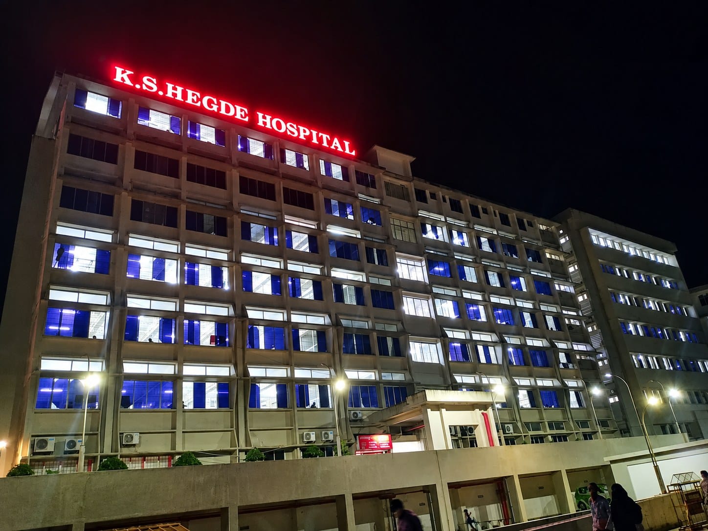 K.S. Hegde Hospital lit up at night, Mangalore