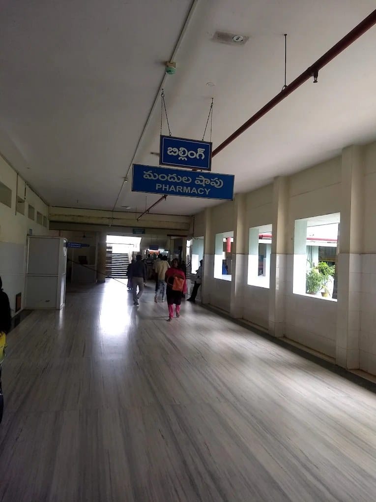 The pharmacy and billing corridor at NRI General Hospital, Chinakakani, Guntur