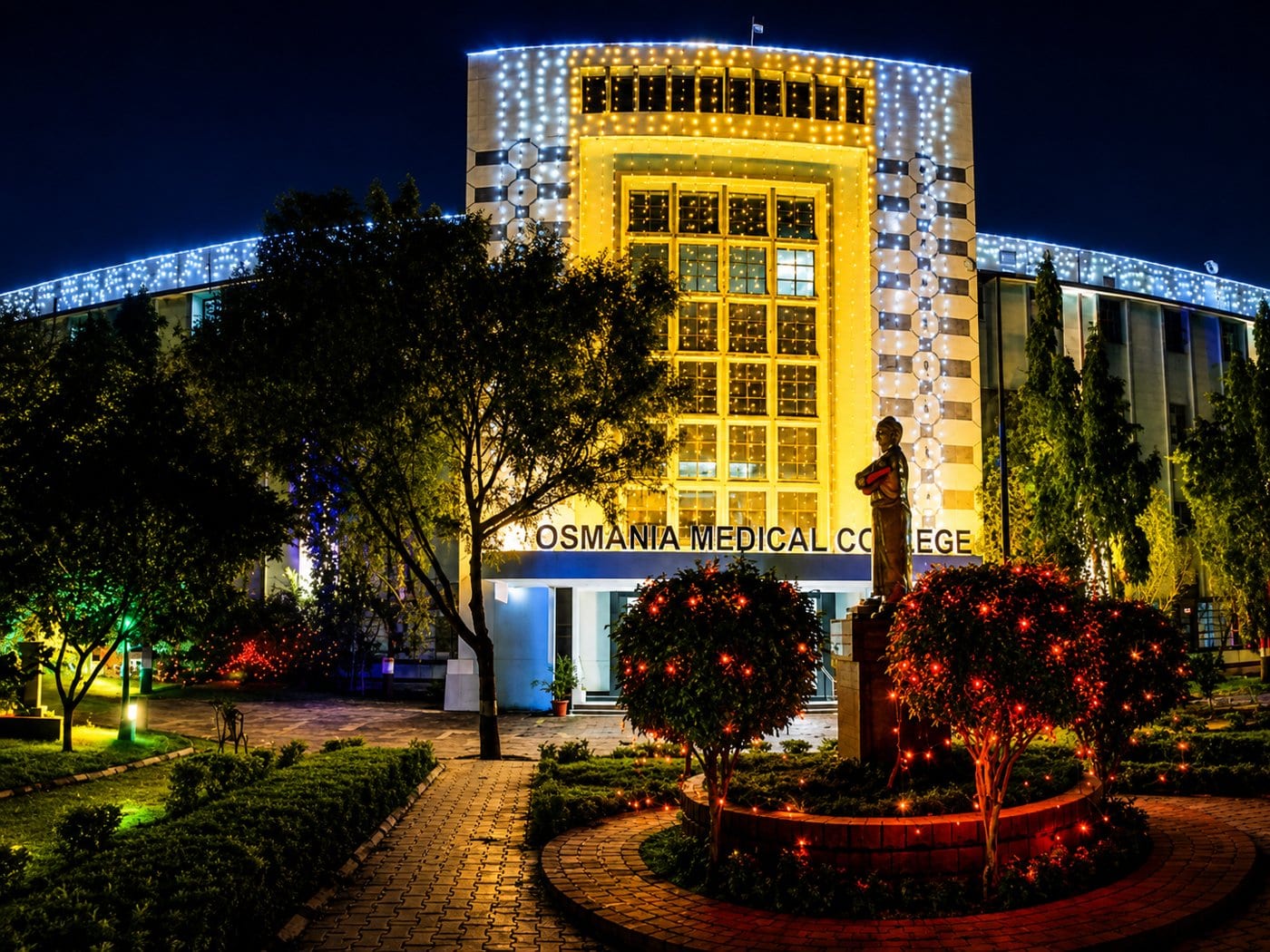 The Osmania Medical College building lit up at night