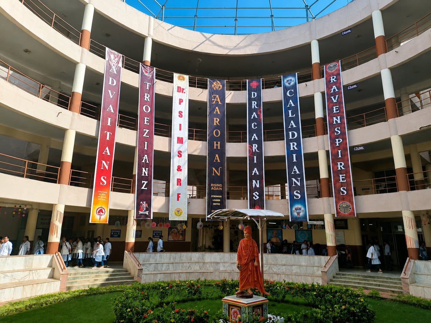 The college atrium with student house banners at Dr. PSIMS & RF, Chinoutpalli